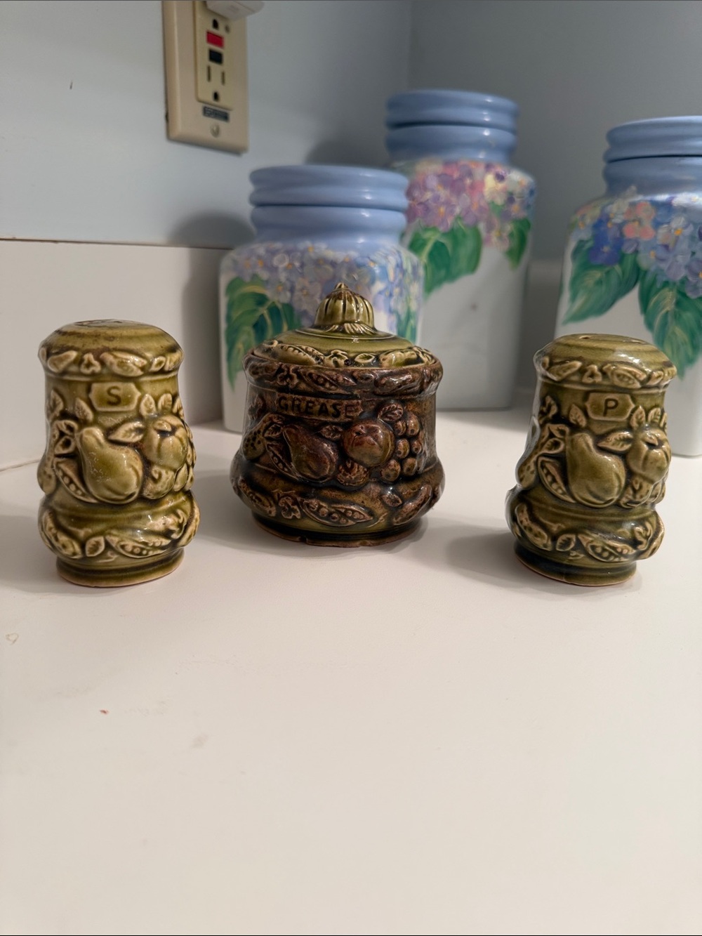 Made in Japan Vintage Ceramic Salt, Pepper Shakers & Grease Jar - Olive Green